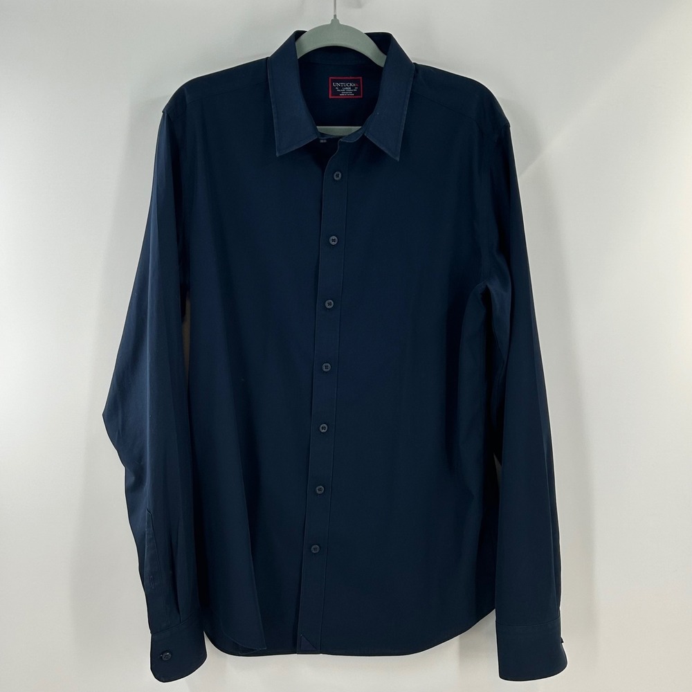 UNTUCKit Castello WF Navy Blue Wrinkle Free Shirt Tall Slim Fit Mens Large